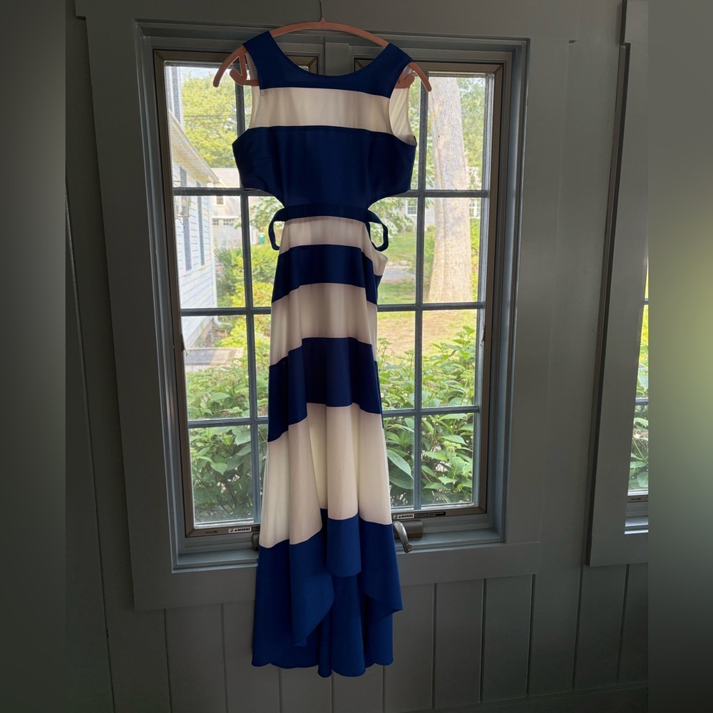 Elegant Blue and White Striped Maxi Dress